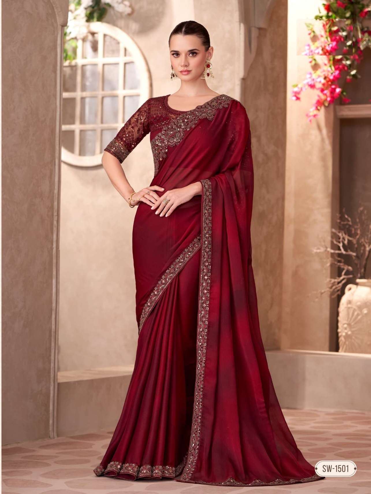 WEDDING SEASON DESIGNER PARTY WEAR CHIFFON GEORGETTE HEAVY RED SAREE COLLECTION SM TFH 1501