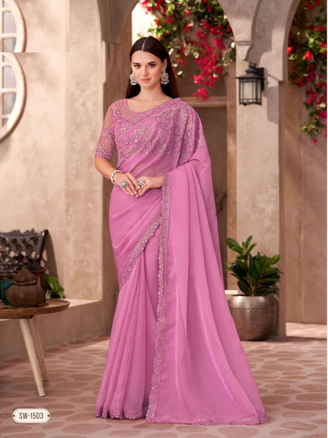 WEDDING SEASON DESIGNER PARTY WEAR CHIFFON GEORGETTE HEAVY PINK SAREE COLLECTION SM TFH 1503