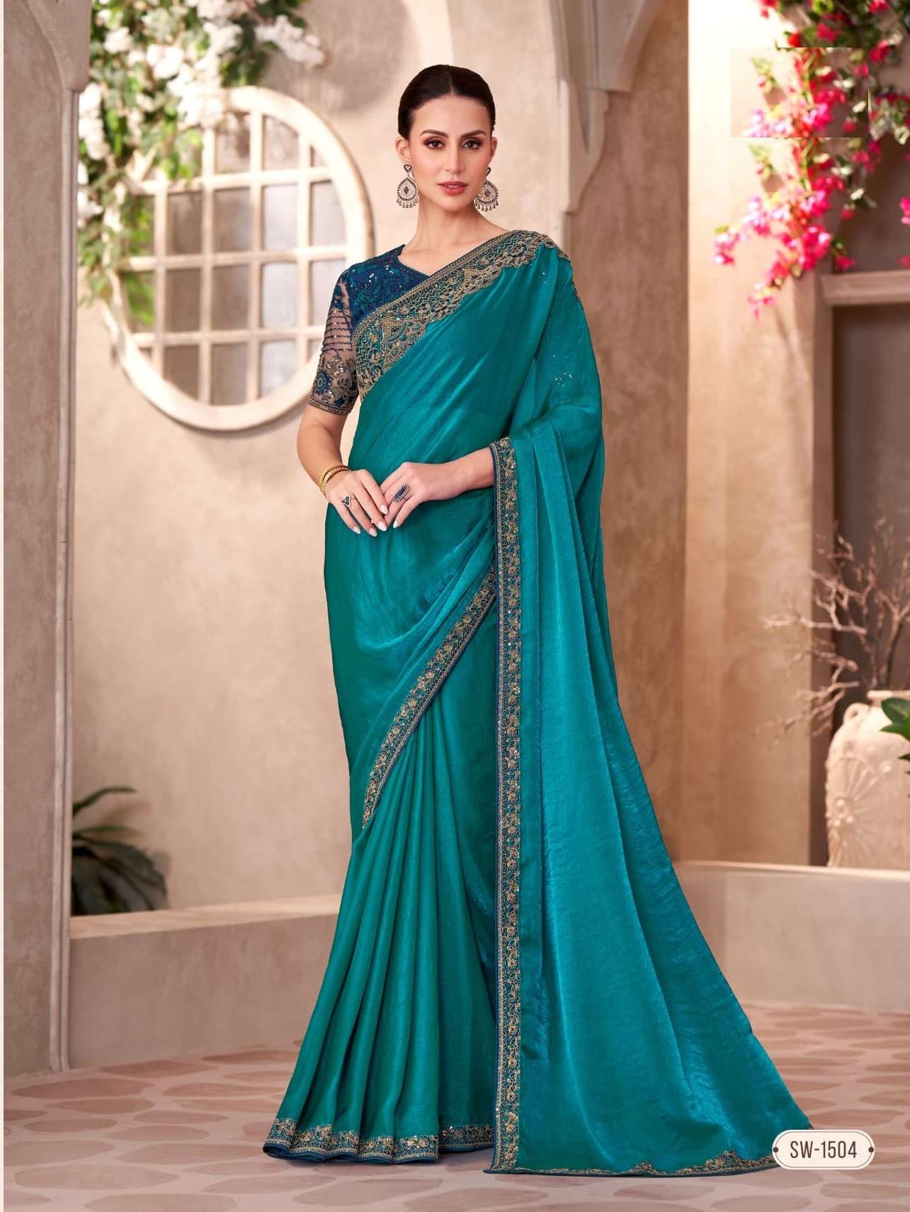 WEDDING SEASON DESIGNER PARTY WEAR CHIFFON GEORGETTE HEAVY TEAL BLUE SAREE COLLECTION SM TFH 1504