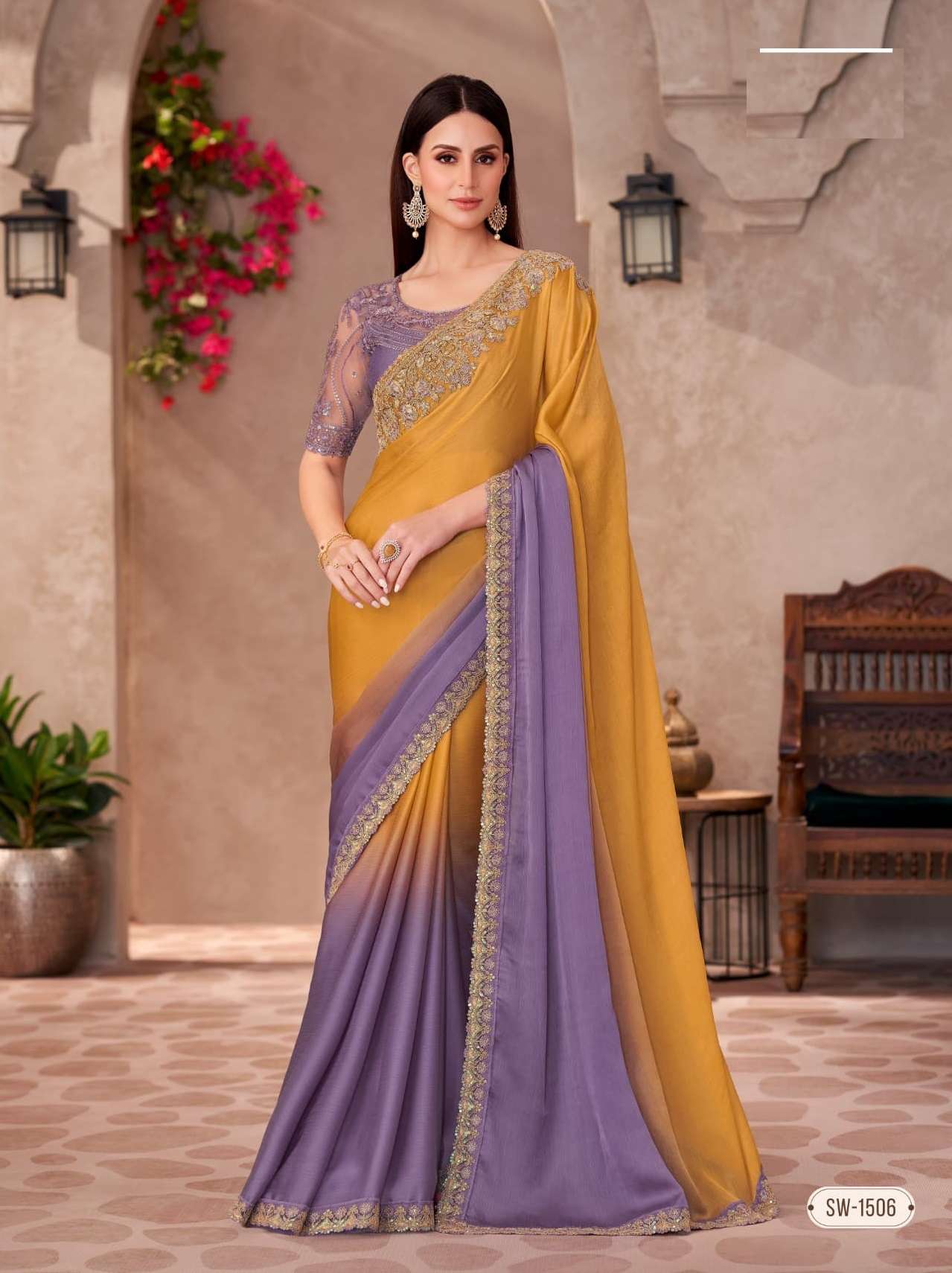 WEDDING SEASON DESIGNER PARTY WEAR CHIFFON GEORGETTE HEAVY PURPLE YELLOW SAREE COLLECTION SM TFH 1506