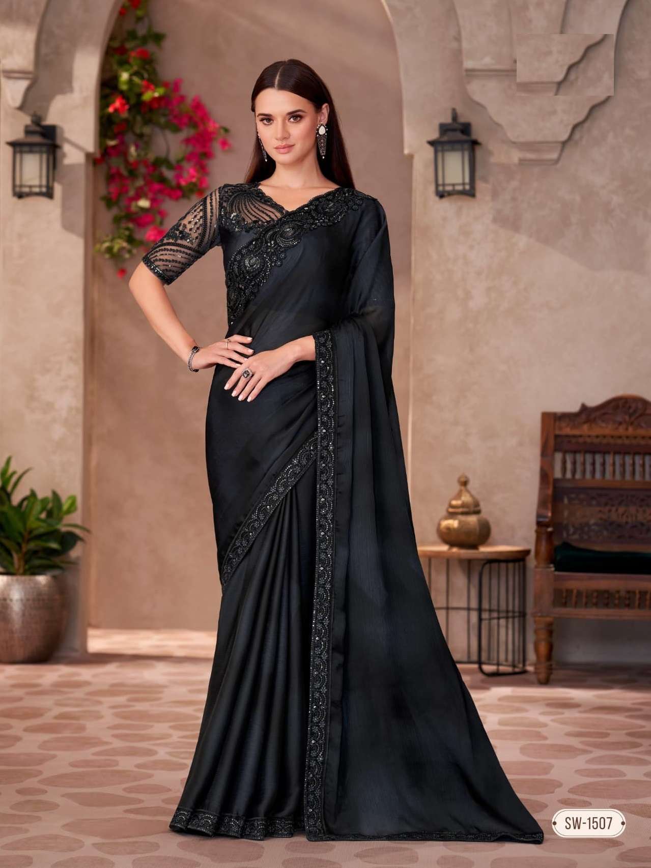 WEDDING SEASON DESIGNER PARTY WEAR CHIFFON GEORGETTE HEAVY BLACK SAREE COLLECTION SM TFH 1507
