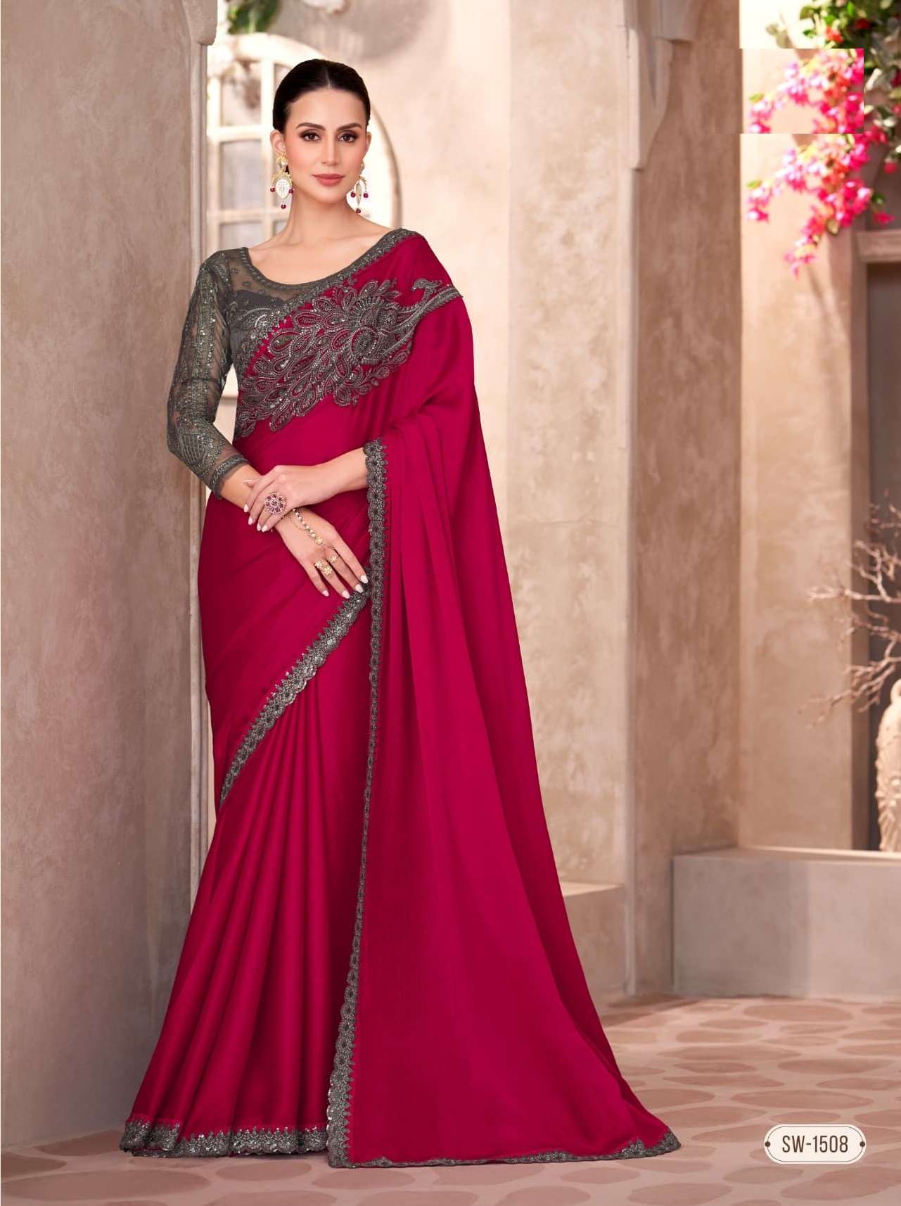 WEDDING SEASON DESIGNER PARTY WEAR CHIFFON GEORGETTE HEAVY RED SAREE COLLECTION SM TFH 1508