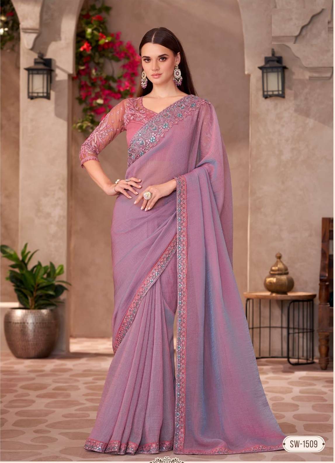 WEDDING SEASON DESIGNER PARTY WEAR CHIFFON GEORGETTE HEAVY LIGHT PINK SAREE COLLECTION SM TFH 1509