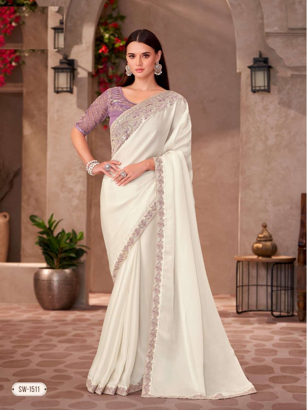 WEDDING SEASON DESIGNER PARTY WEAR CHIFFON GEORGETTE HEAVY WHITE SAREE COLLECTION SM TFH 1511