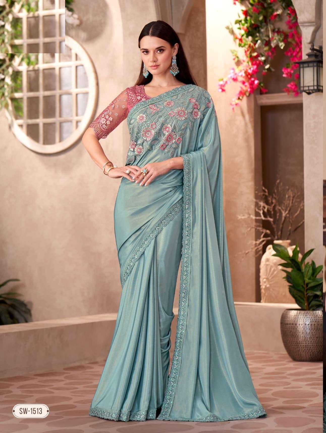 WEDDING SEASON DESIGNER PARTY WEAR CHIFFON GEORGETTE HEAVY SKY BLUE SAREE COLLECTION SM TFH 1513