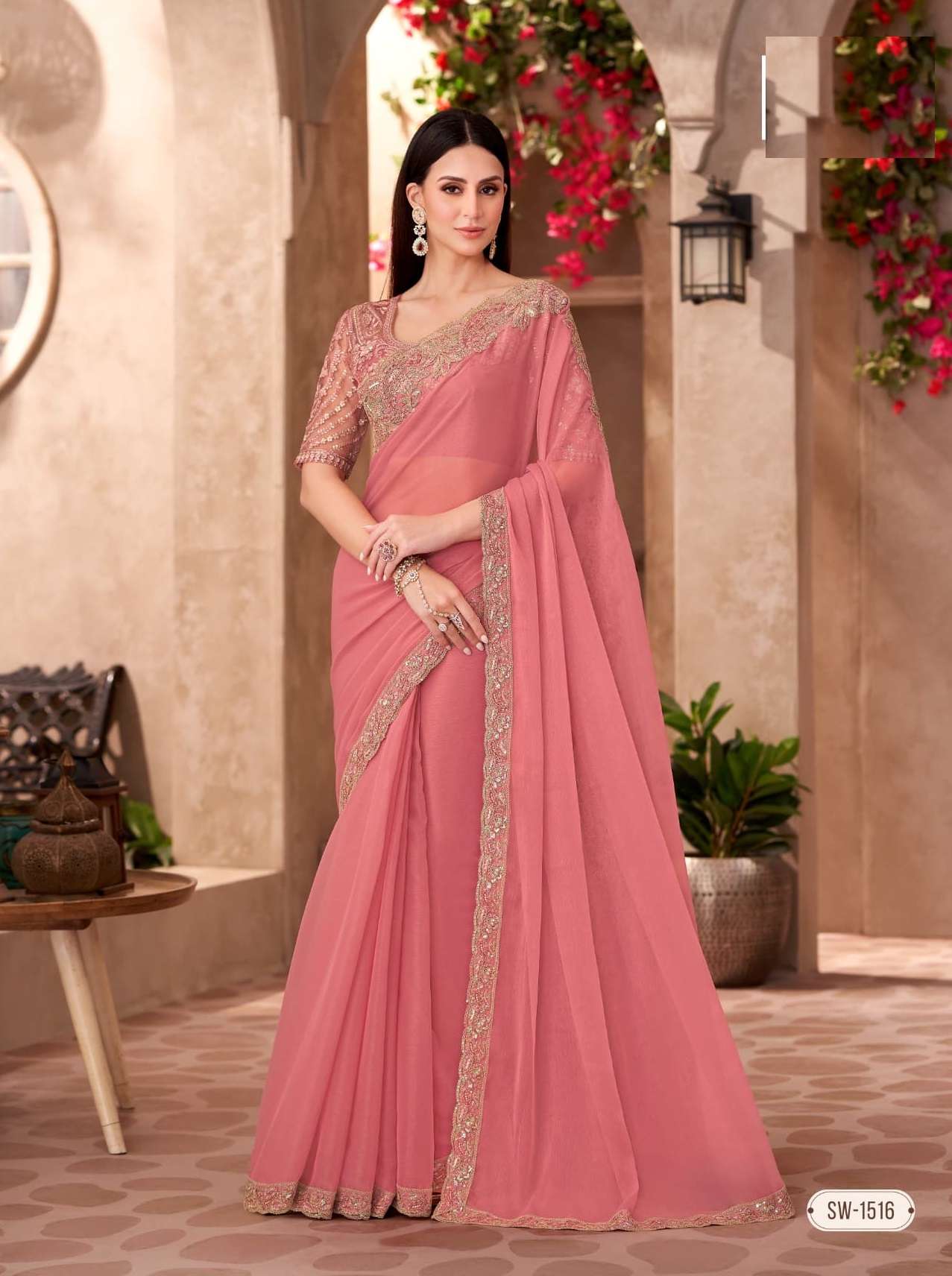 WEDDING SEASON DESIGNER PARTY WEAR CHIFFON GEORGETTE HEAVY PEACH SAREE COLLECTION SM TFH 1516