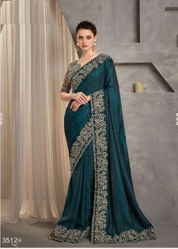 WEDDING SEASON DESIGNER PARTY WEAR DARK GREEN CHIFFON HEAVY SAREE COLLECTION SM ANMOL 3512