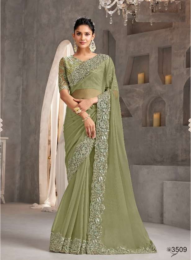 WEDDING SEASON DESIGNER PARTY WEAR GREEN CHIFFON HEAVY SAREE COLLECTION SM ANMOL 3509