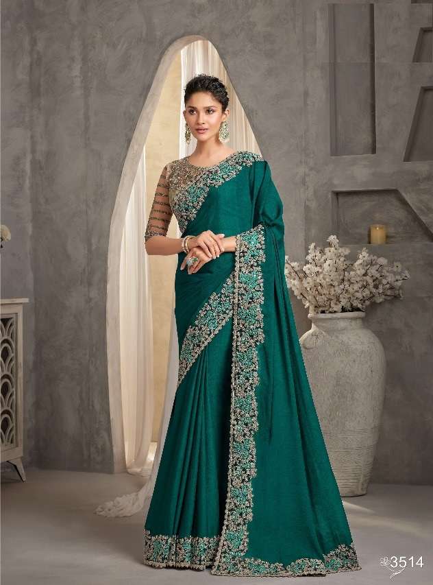 WEDDING SEASON DESIGNER PARTY WEAR GREEN CHIFFON HEAVY SAREE COLLECTION SM ANMOL 3514