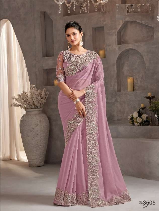 WEDDING SEASON DESIGNER PARTY WEAR PINK CHIFFON HEAVY SAREE COLLECTION SM ANMOL 3505