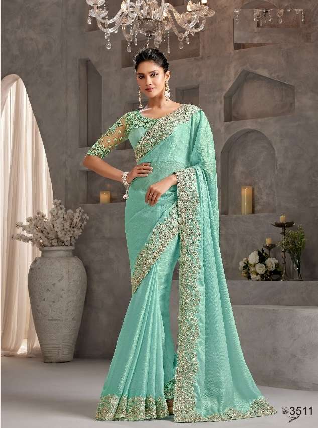 WEDDING SEASON DESIGNER PARTY WEAR SEA GREEN CHIFFON HEAVY SAREE COLLECTION SM ANMOL 3511