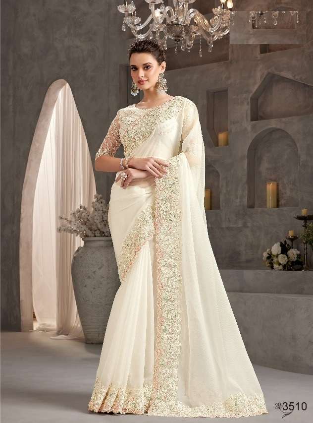 WEDDING SEASON DESIGNER PARTY WEAR WHITE CHIFFON HEAVY SAREE COLLECTION SM ANMOL 3510