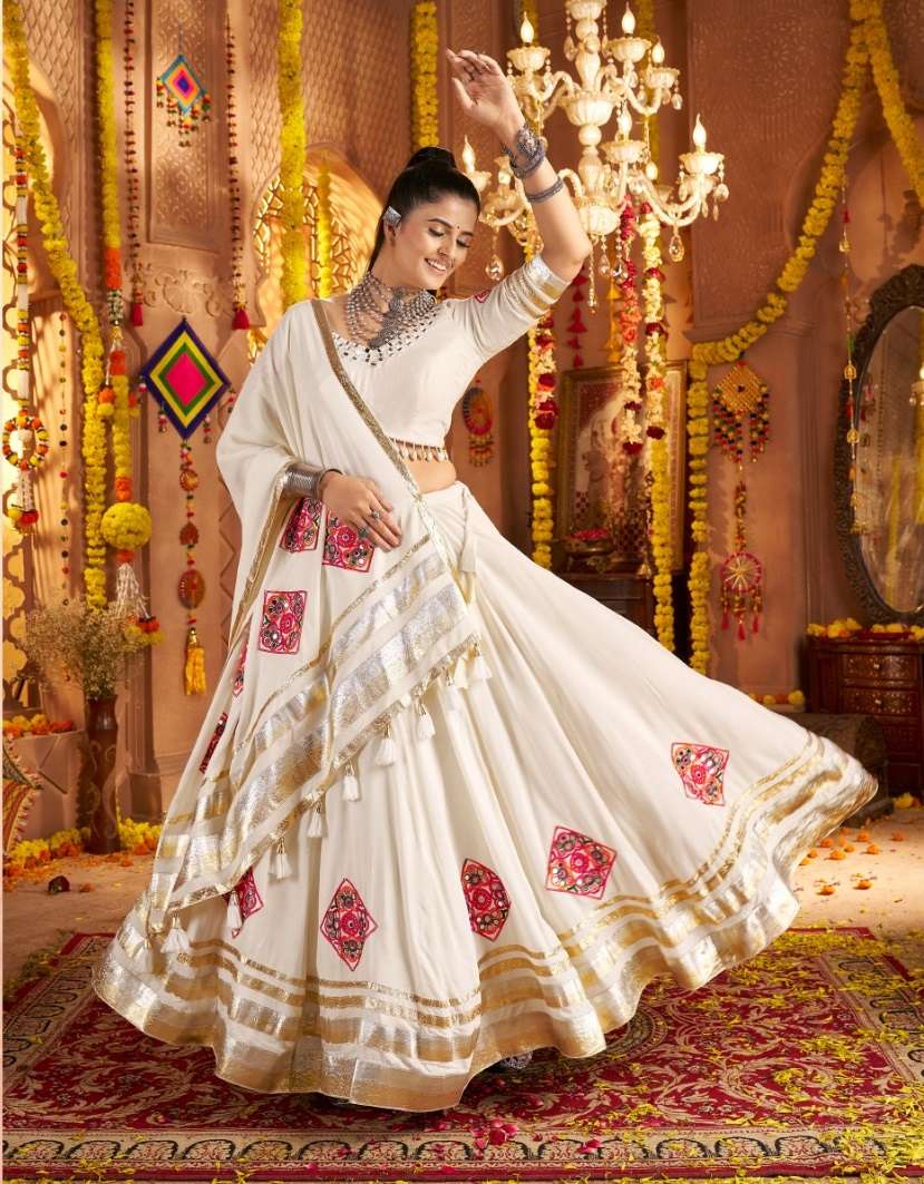 WHITE NAVRATRI WEAR LEHENGA CHOLI IN VISCOSE RAYON FABRIC WITH FOIL MIRROR WORK KF RAAS 11005