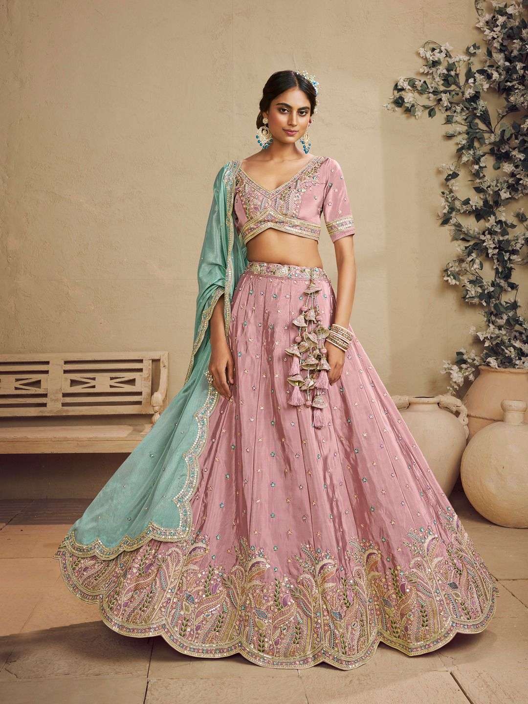 DESIGNER BOLLYWOOD BRIDAL WEDDING PARTY WEAR HAND WORK SATIN SILK PINK LEHENGA CHOLI NT 6138 B