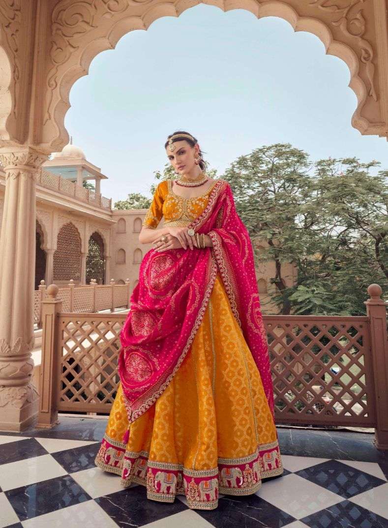 DESIGNER BOLLYWOOD BRIDAL WEDDING PARTY WEAR HEAVY TISSUE SILK YELLOW LEHENGA CHOLI SENHORA DRESSES NT 403 A