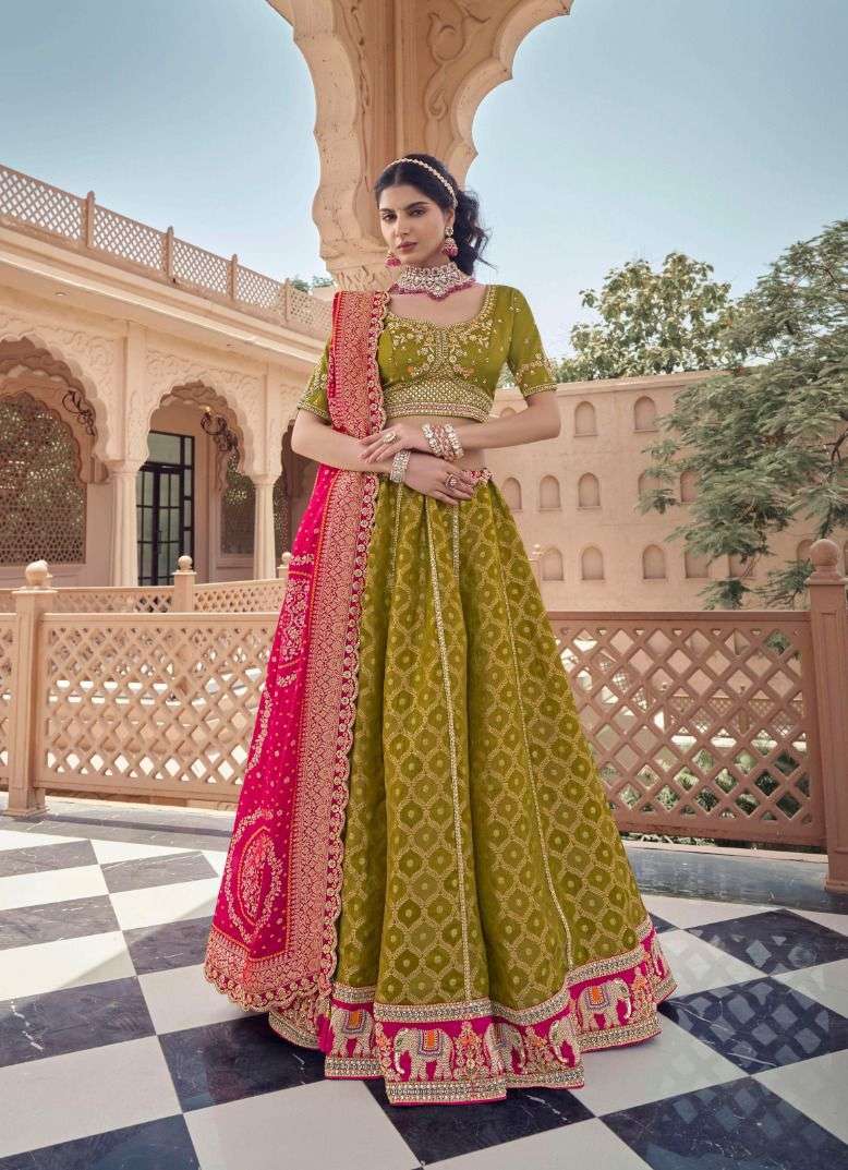 DESIGNER BOLLYWOOD BRIDAL WEDDING PARTY WEAR HEAVY TISSUE SILK GREEN LEHENGA CHOLI SENHORA DRESSES NT 403 B