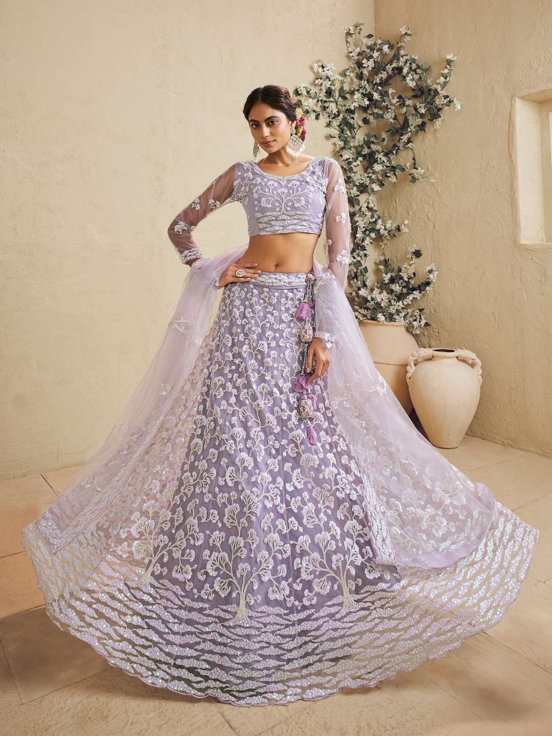 DESIGNER BOLLYWOOD BRIDAL WEDDING PARTY WEAR PURPLE NET LEHENGA CHOLI SENHORA DRESSES NT 6171 A