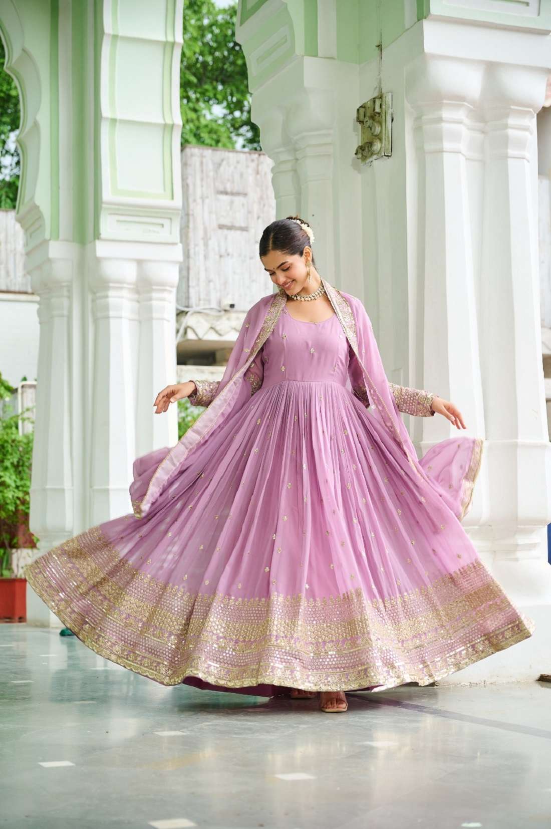 DESIGNER FANCY WEDDING PARTY WEAR FAUX GEORGETTE PINK LONG GOWN ANARKALI SALWAR SUIT LW 9270 B