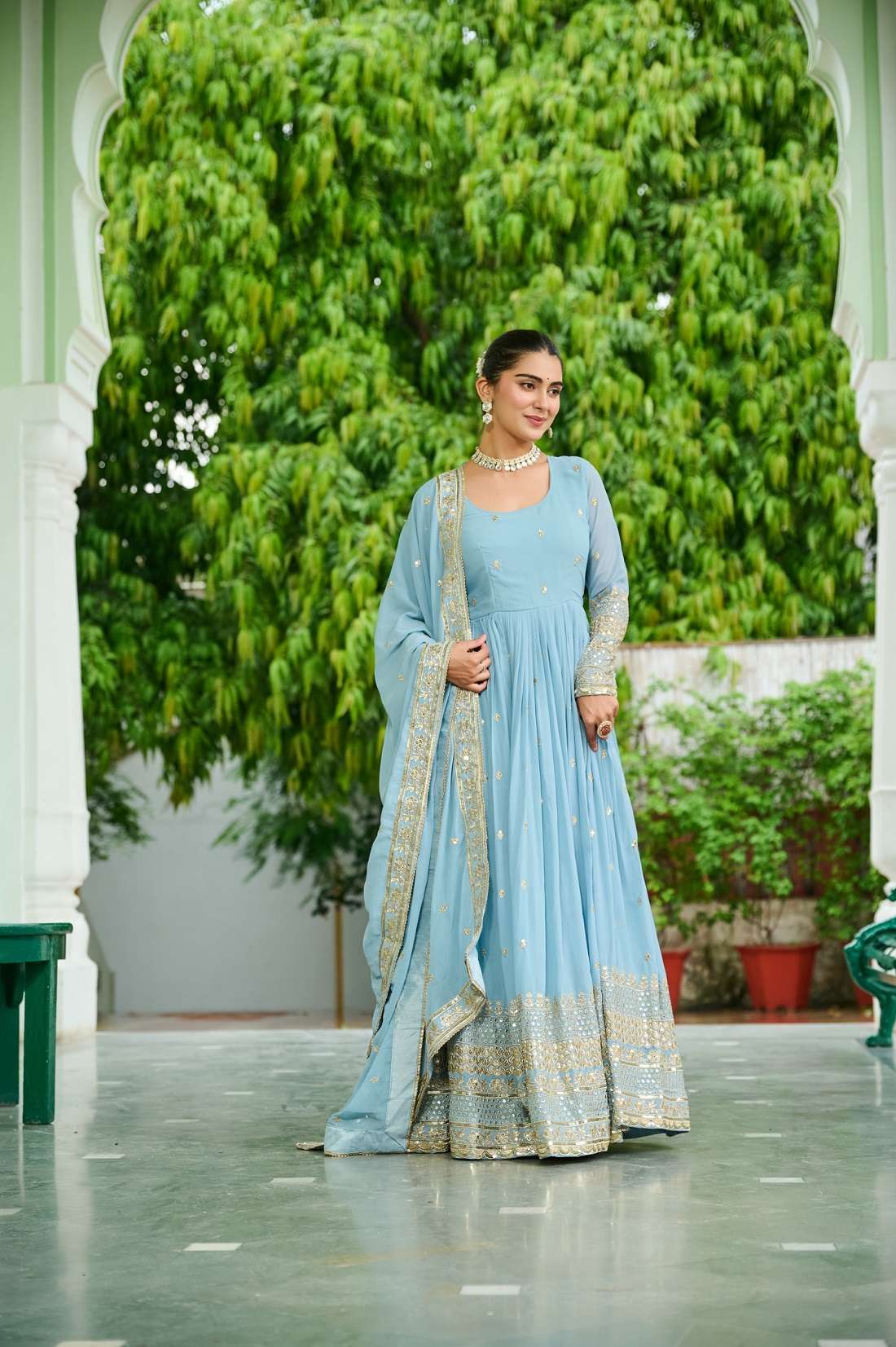 DESIGNER FANCY WEDDING PARTY WEAR FAUX GEORGETTE SKY BLUE LONG GOWN ANARKALI SALWAR SUIT LW 9270 A