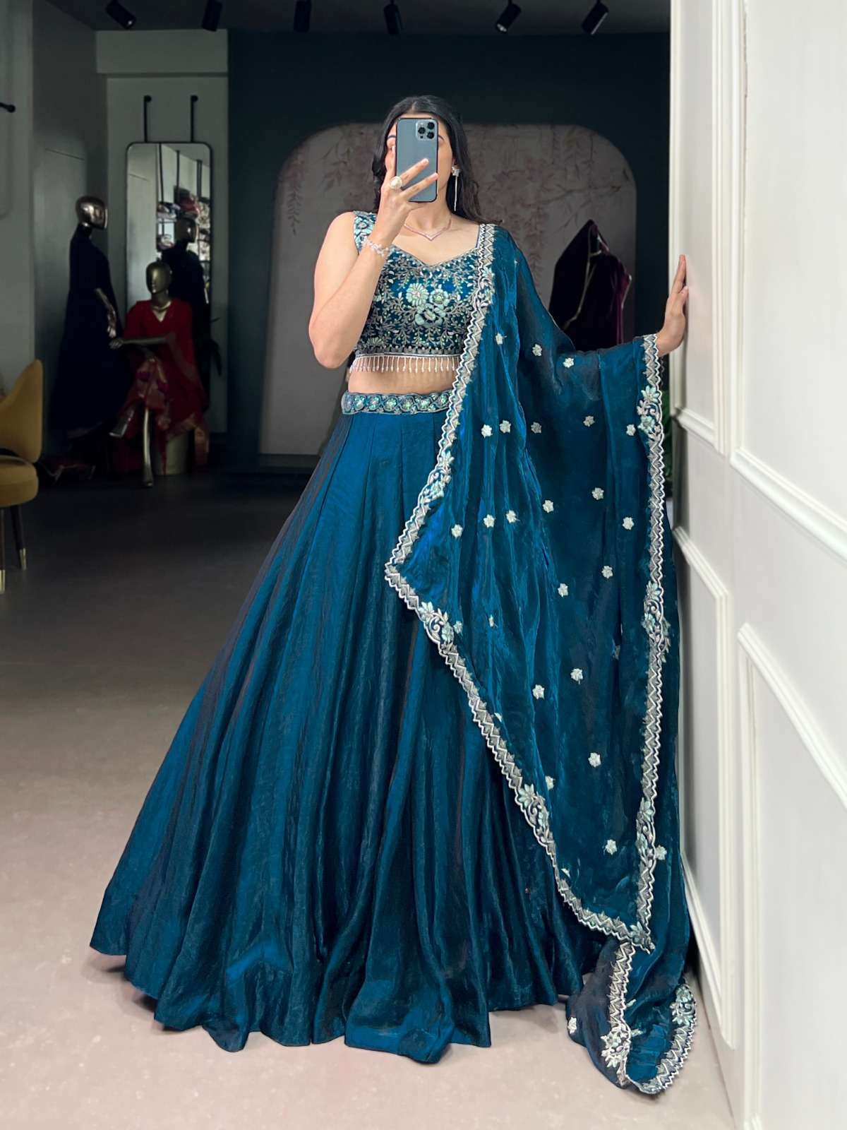 DESIGNER FANCY WEDDING PARTY WEAR FENDY SILK TEAL BLUE LEHENGA CHOLI WITH SILK DUPATTA LNB 1442