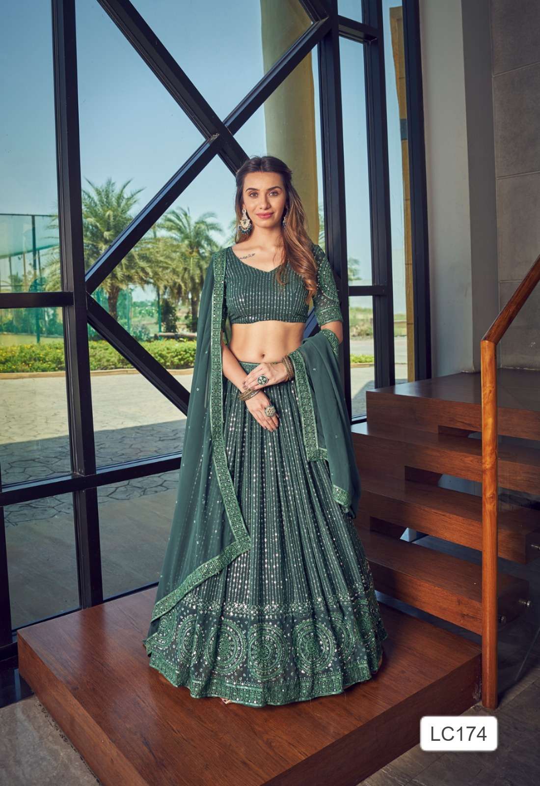 DESIGNER FANCY WEDDING PARTY WEAR GREEN GEORGETTE LEHENGA CHOLI WITH DUPATTA SSS 174