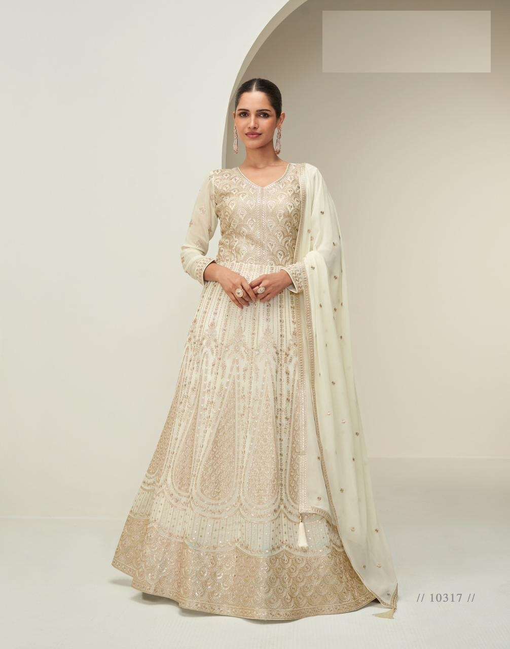 DESIGNER FANCY WEDDING PARTY WEAR PREMIUM GEORGETTE WHITE LONG GOWN ANARKALI SALWAR SUIT SY MAHI 10317