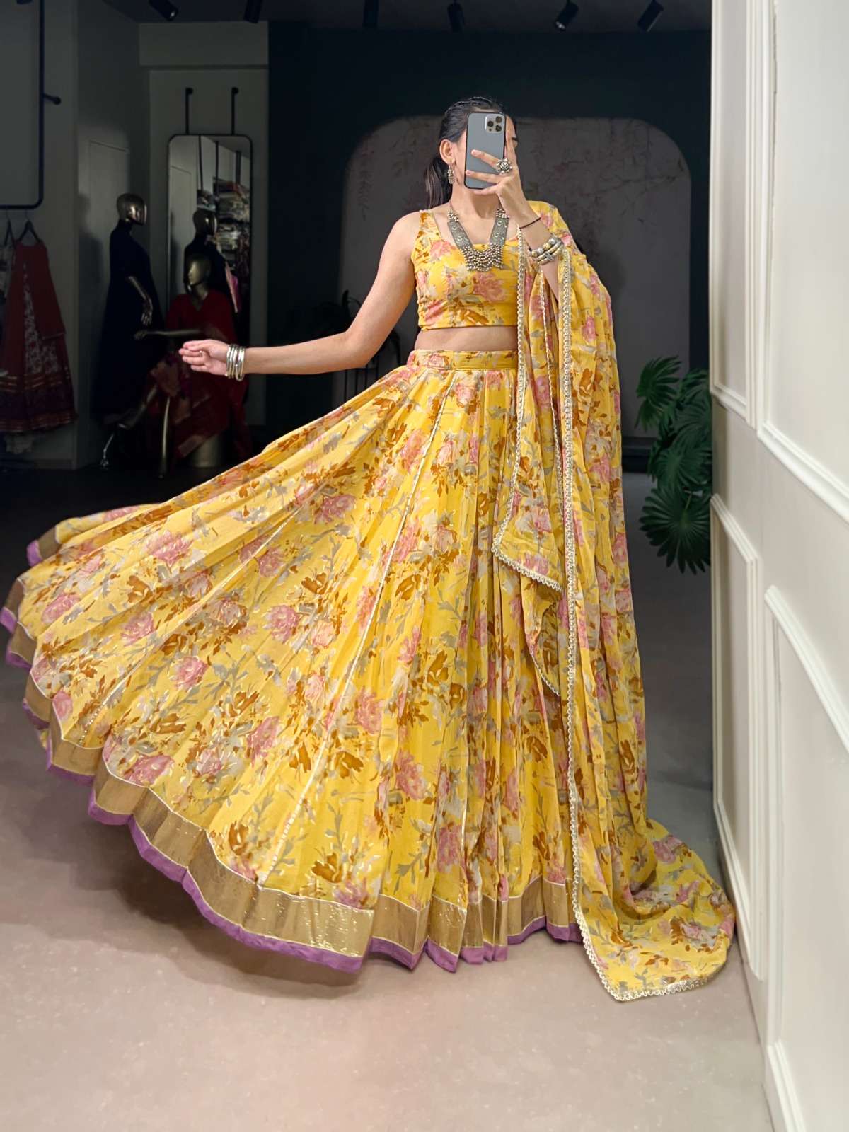 DESIGNER FANCY WEDDING PARTY WEAR PRINTED CHIFFON YELLOW LEHENGA CHOLI WITH DUPATTA LNB 1672 A