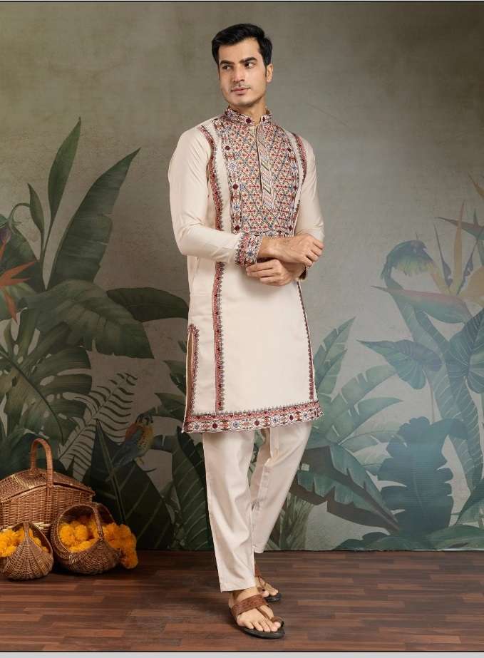 DESIGNER FANCY WEDDING PARTY WEAR READYMADE INDIAN MENS VISCOSE SILK IVORY KURTA KF 61307