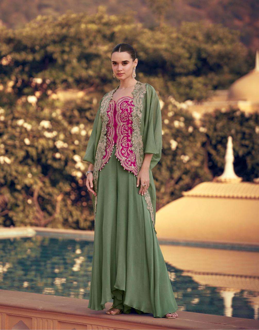 DESIGNER FANCY WEDDING PARTY WEAR REAL CHINON GREEN SHARARA PALLAZO SALWAR SUIT SY PANIHARI 5765