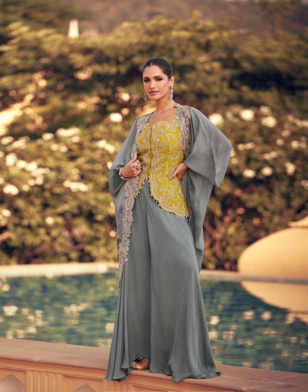 DESIGNER FANCY WEDDING PARTY WEAR REAL CHINON GREY SHARARA PALLAZO SALWAR SUIT SY PANIHARI 5767