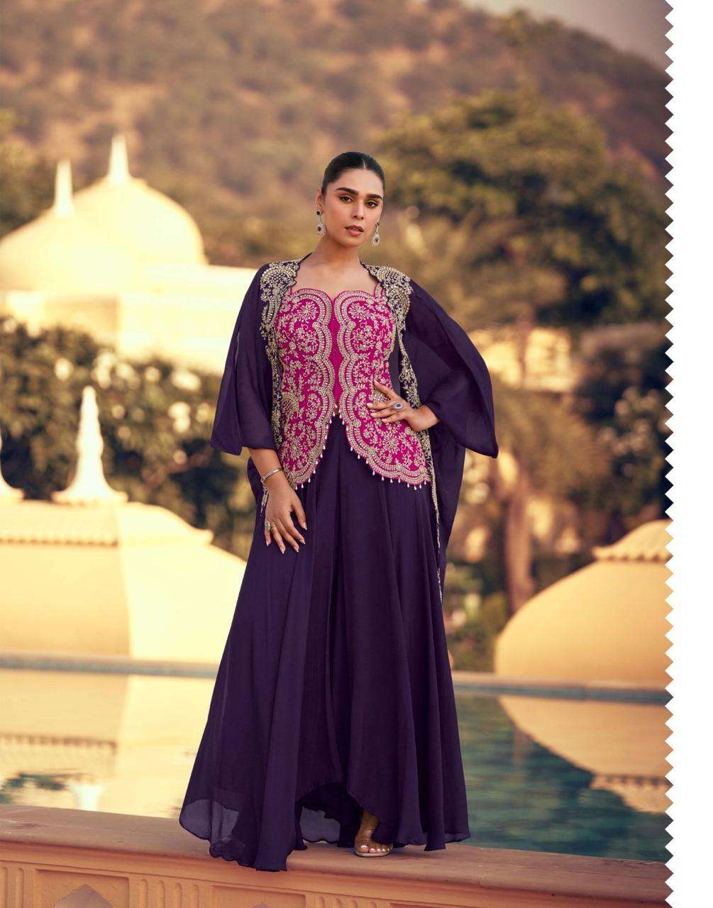 DESIGNER FANCY WEDDING PARTY WEAR REAL CHINON PURPLE SHARARA PALLAZO SALWAR SUIT SY PANIHARI 5766