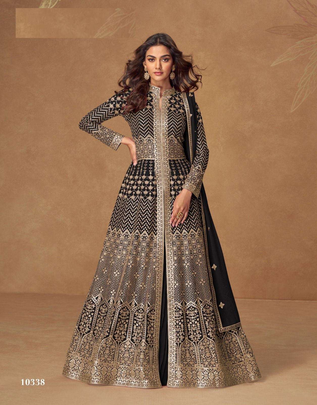 DESIGNER FANCY WEDDING PARTY WEAR REAL GEORGETTE BLACK LONG GOWN ANARKALI SALWAR SUIT AF ALMIRAH 10338