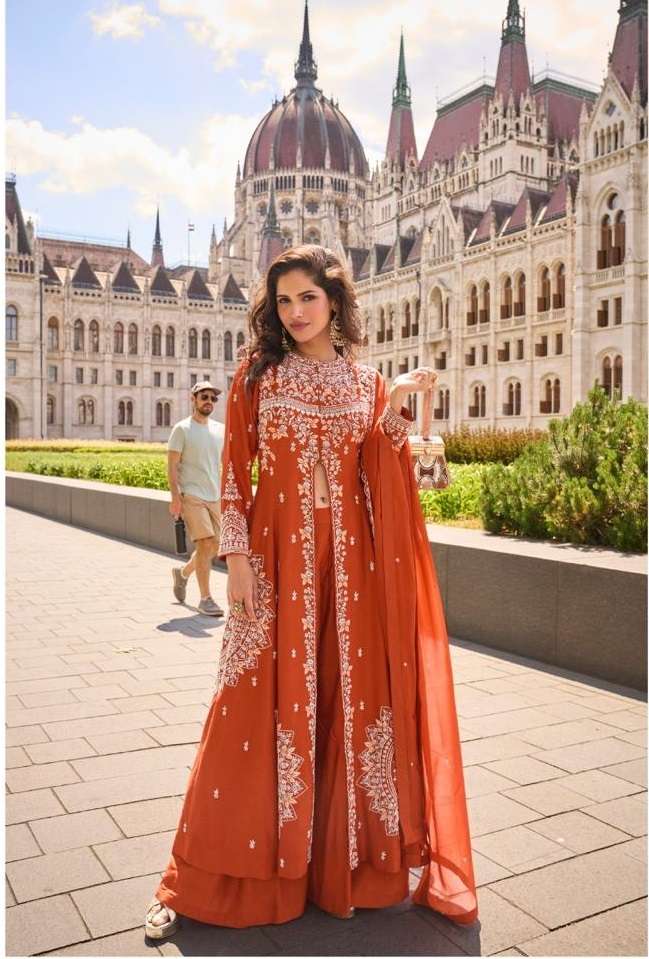 DESIGNER FANCY WEDDING PARTY WEAR REAL PREMIUM SILK ORANGE NAYRA CUT ANARKALI SALWAR SUIT SY NARGIS 10001