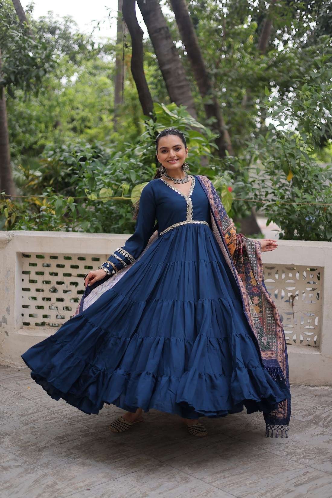 DESIGNER FANCY WEDDING PARTY WEAR ROMAN SILK BLUE LONG GOWN ANARKALI SALWAR SUIT LW 9275 C