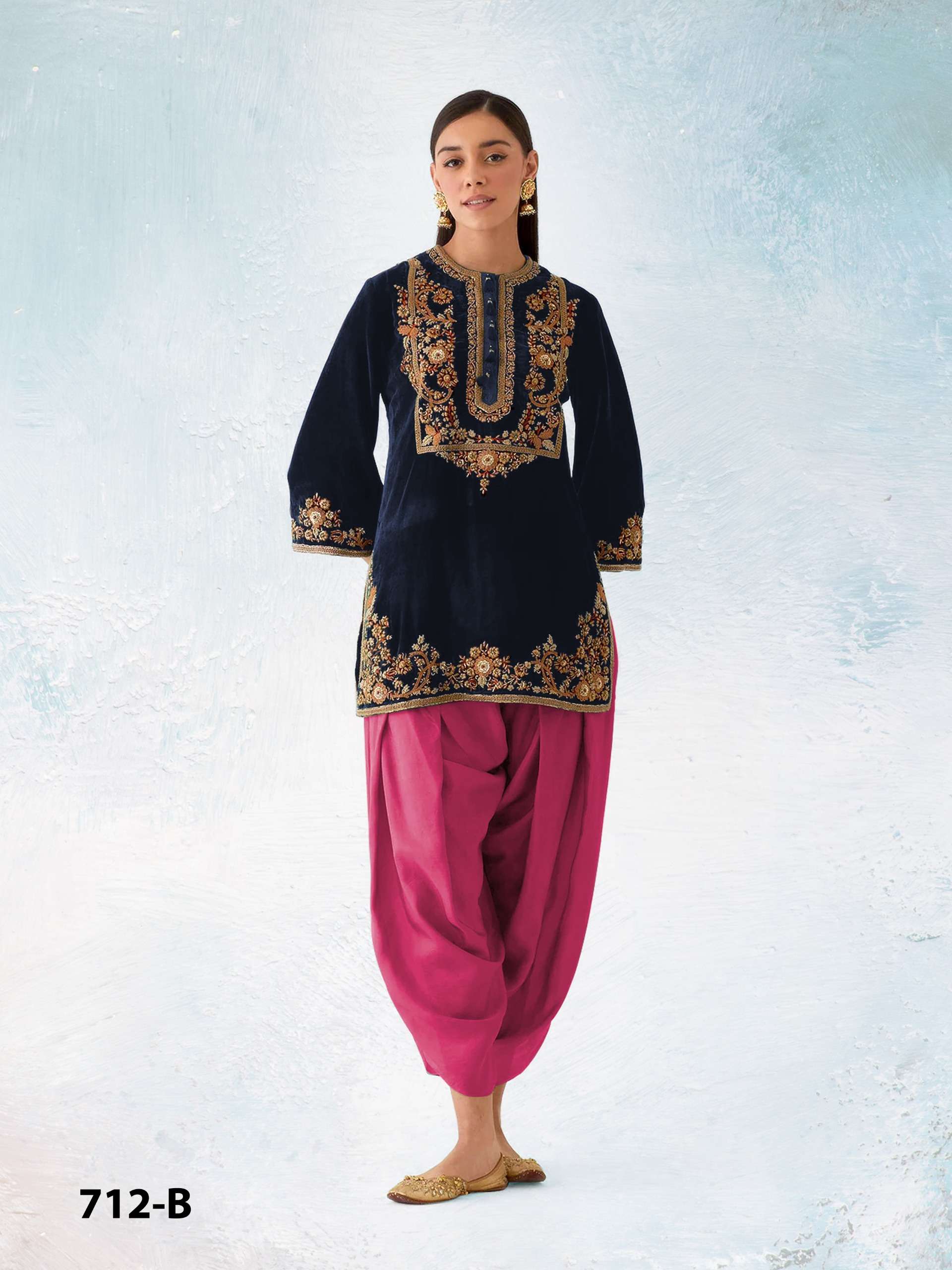 DESIGNER FANCY WEDDING PARTY WEAR VELVET BLUE PINK PATIYALA SALWAR SUIT COLLECTION CP 712 B