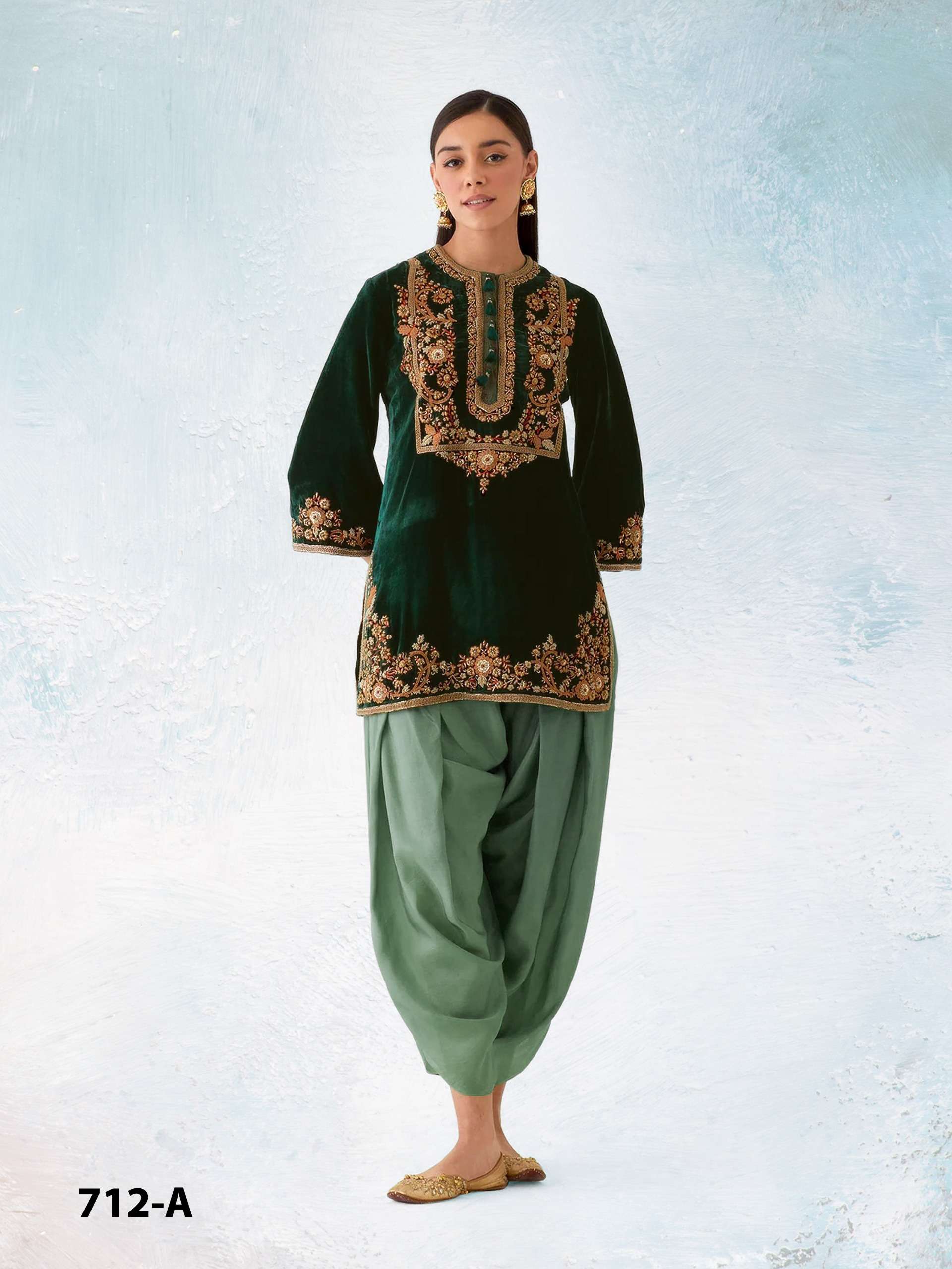 DESIGNER FANCY WEDDING PARTY WEAR VELVET GREEN PISTA PATIYALA SALWAR SUIT COLLECTION CP 712 A