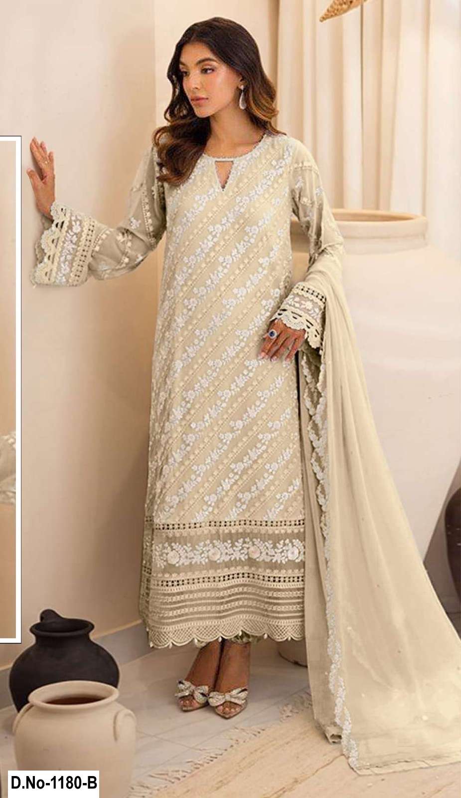 DESIGNER FAUX GEORGETTE BEIGE PAKISTANI SALWAR SUIT COLLECTION SHF 1180 B