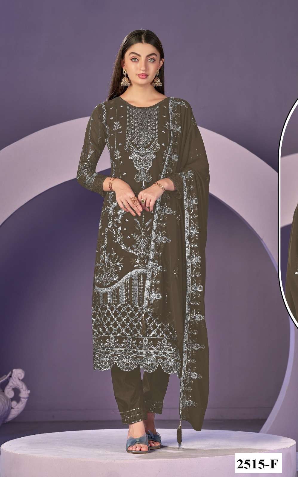 DESIGNER FAUX GEORGETTE GREY PAKISTANI SALWAR SUIT COLLECTION JG 2515 F