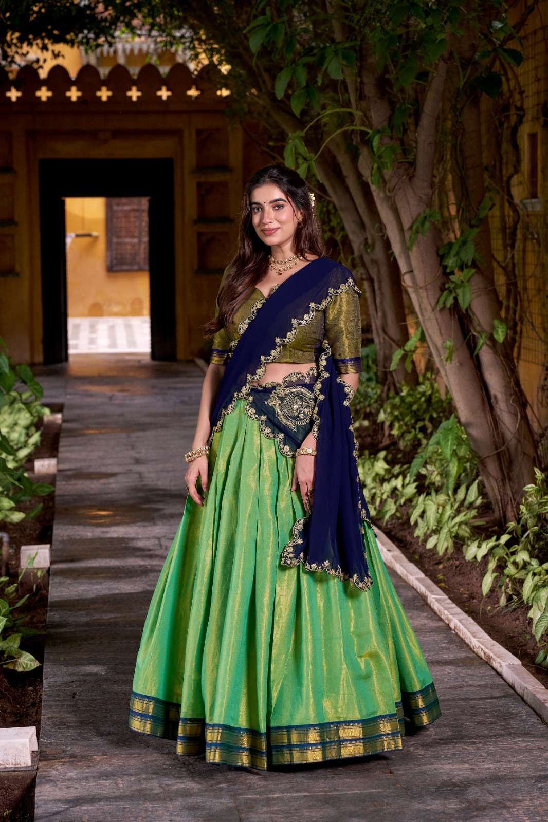 DESIGNER KANJEEPURAM SILK GREEN LEHENGA CHOLI FOR ONAM WEAR LNB 2009 D
