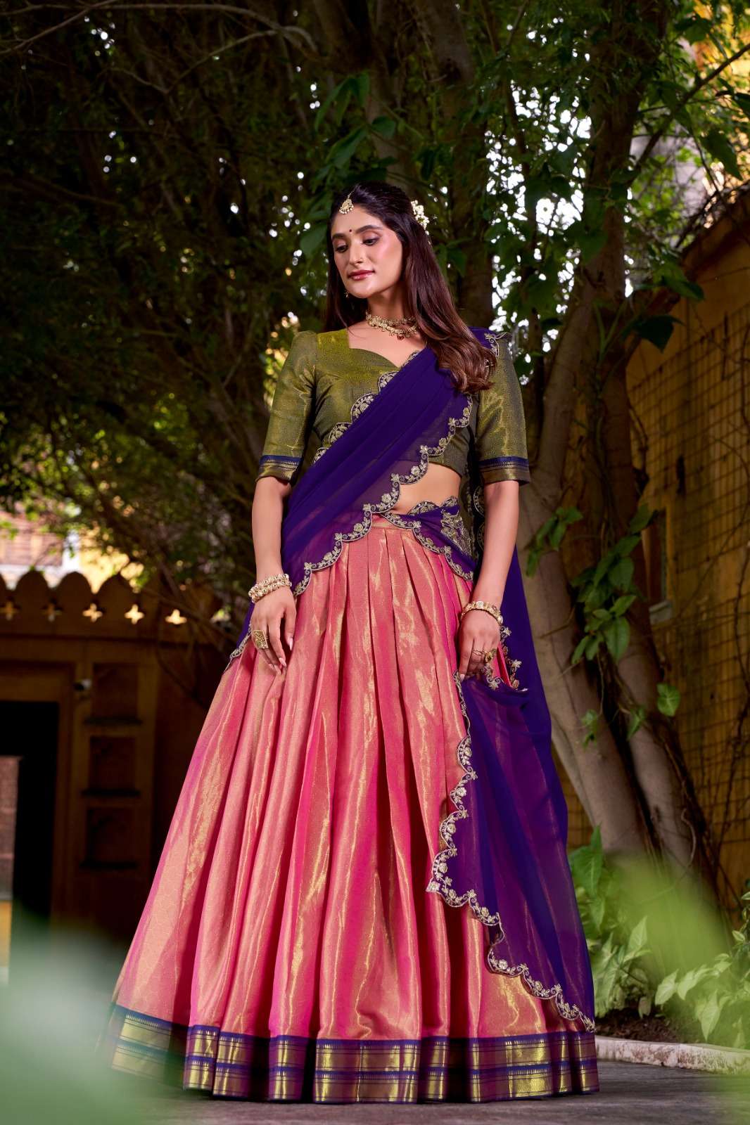 DESIGNER KANJEEPURAM SILK PEACH LEHENGA CHOLI FOR ONAM WEAR LNB 2009 C