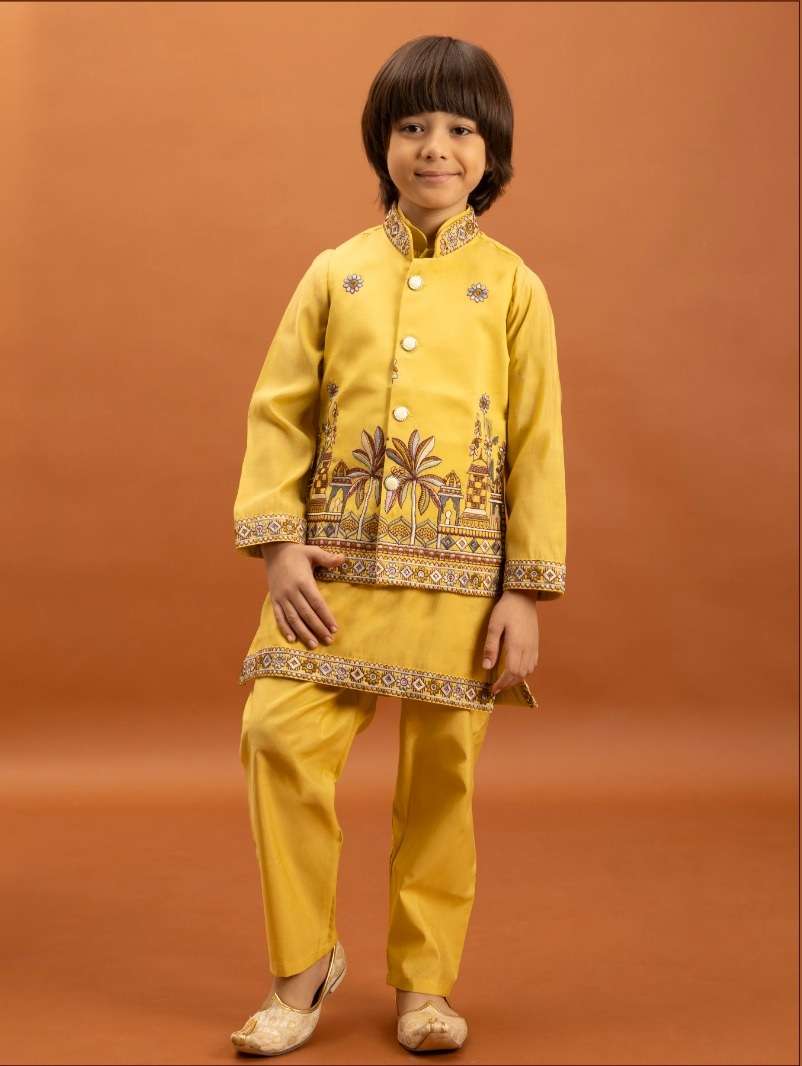 DESIGNER KIDS WEAR KOTI KURTA SET IN VISCOSE SILK YELLOW BOY SHERWANI KURTA SET KF 91001