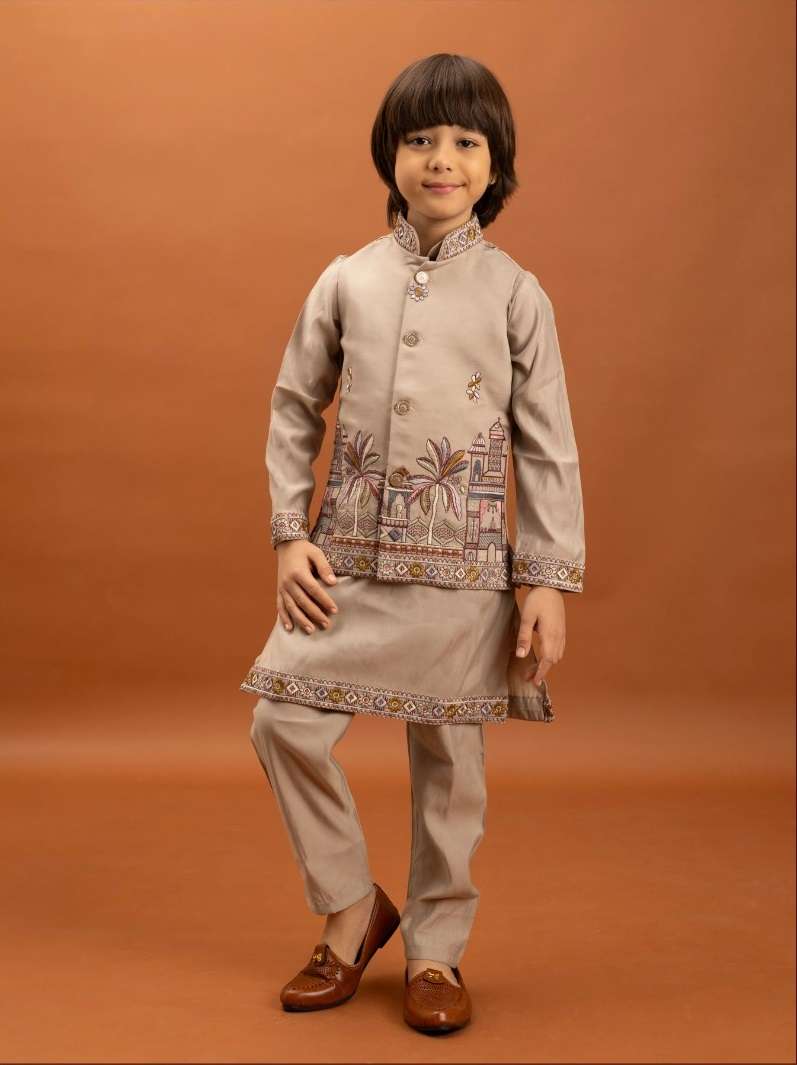 DESIGNER KIDS WEAR KOTI KURTA SET IN VISCOSE SILK BEIGE BOY SHERWANI KURTA SET KF 91002