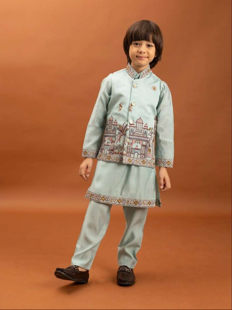 DESIGNER KIDS WEAR KOTI KURTA SET IN VISCOSE SILK SKY BLUE BOY SHERWANI KURTA SET KF 91003