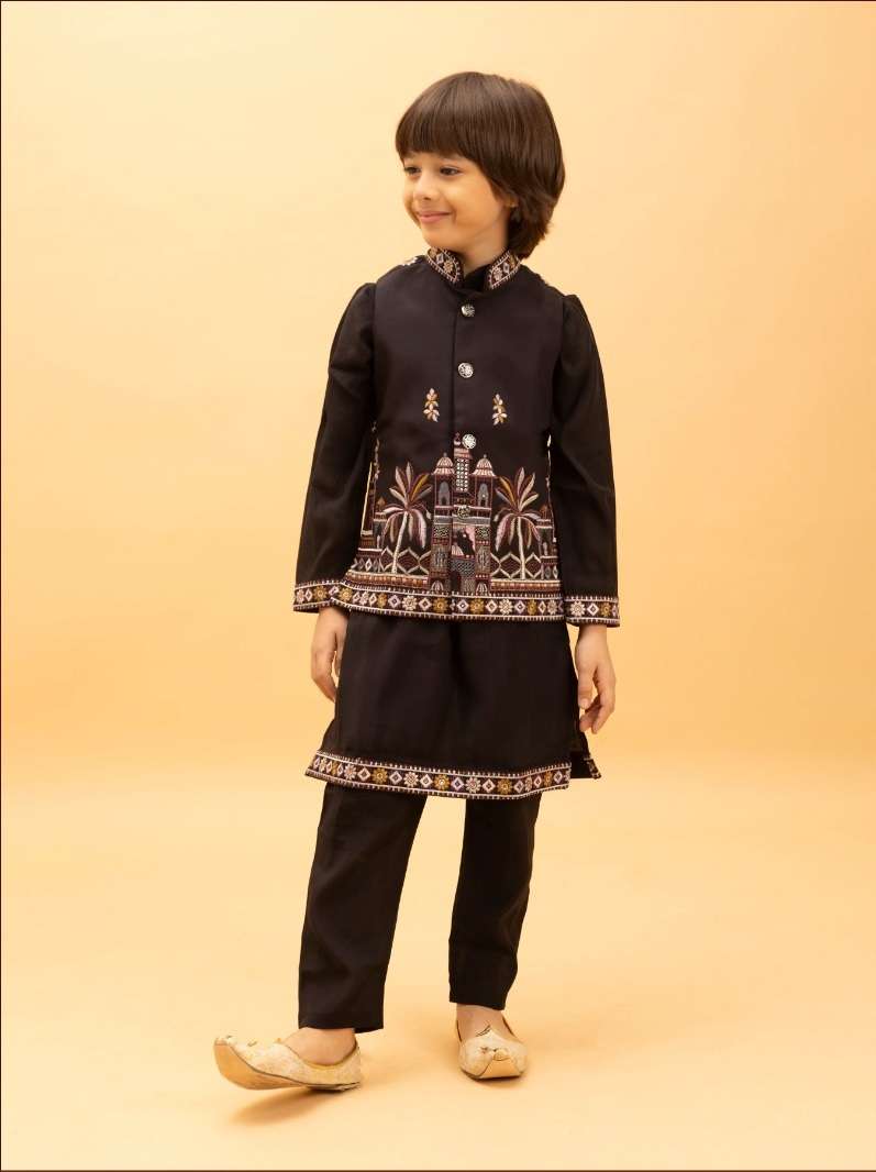DESIGNER KIDS WEAR KOTI KURTA SET IN VISCOSE SILK BLACK BOY SHERWANI KURTA SET KF 91004