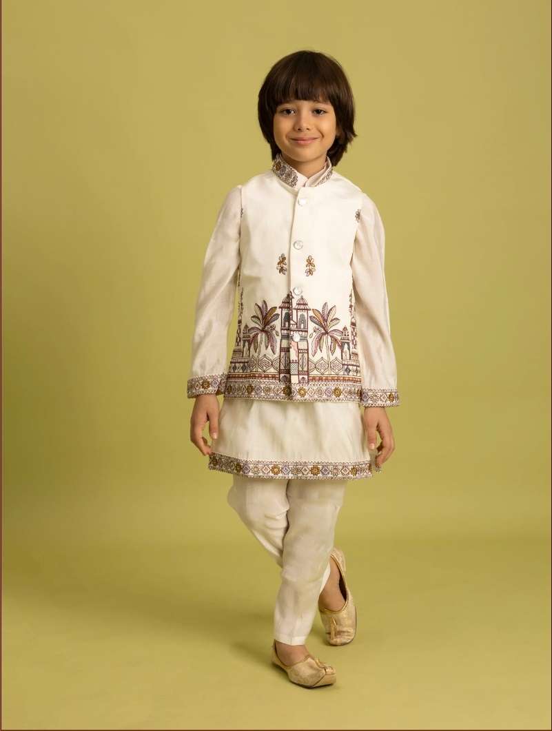 DESIGNER KIDS WEAR KOTI KURTA SET IN VISCOSE SILK WHITE BOY SHERWANI KURTA SET KF 91005