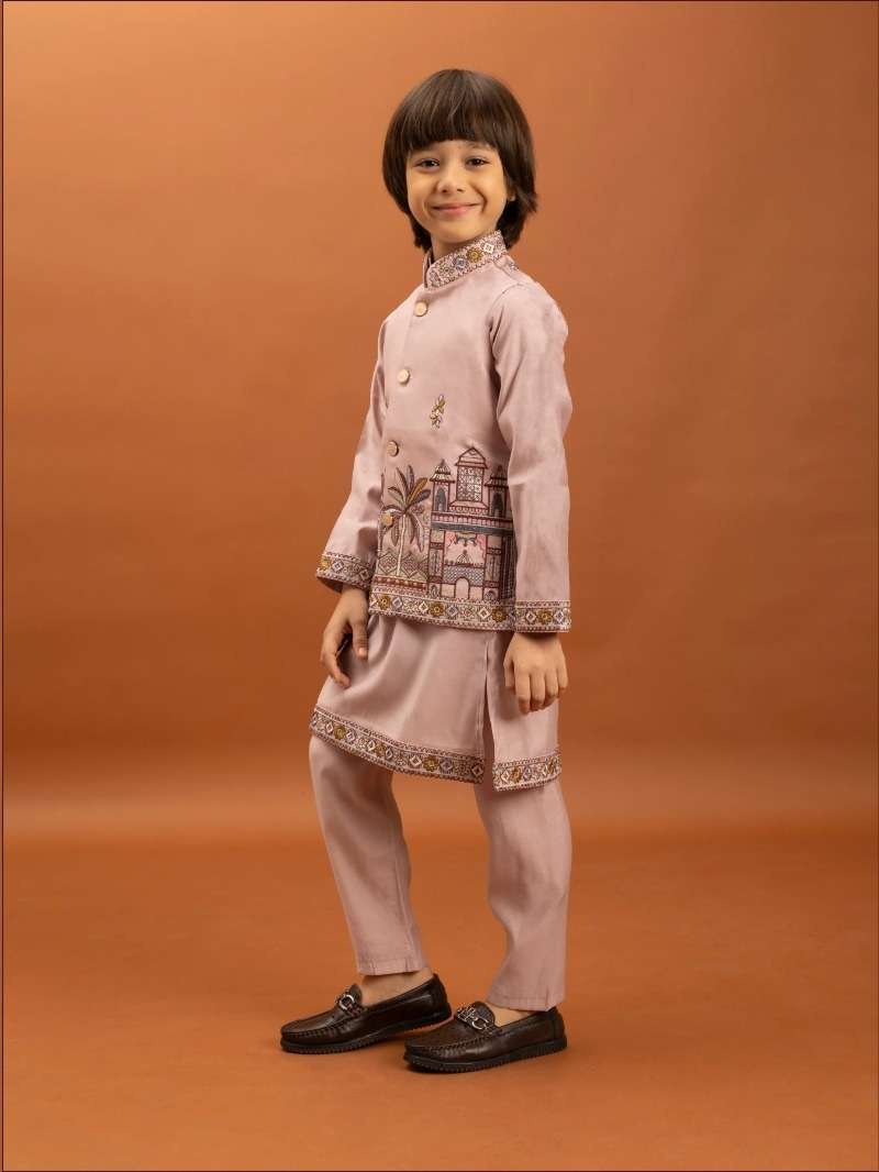 DESIGNER KIDS WEAR KOTI KURTA SET IN VISCOSE SILK PINK BOY SHERWANI KURTA SET KF 91006