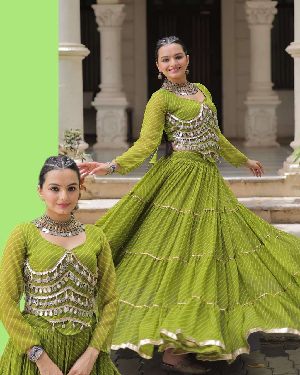 DESIGNER NAVRATRI WEAR BANDHANI PRINT NAVRATRI GREEN ANARKALI GOWN KURTI KU 5047 E