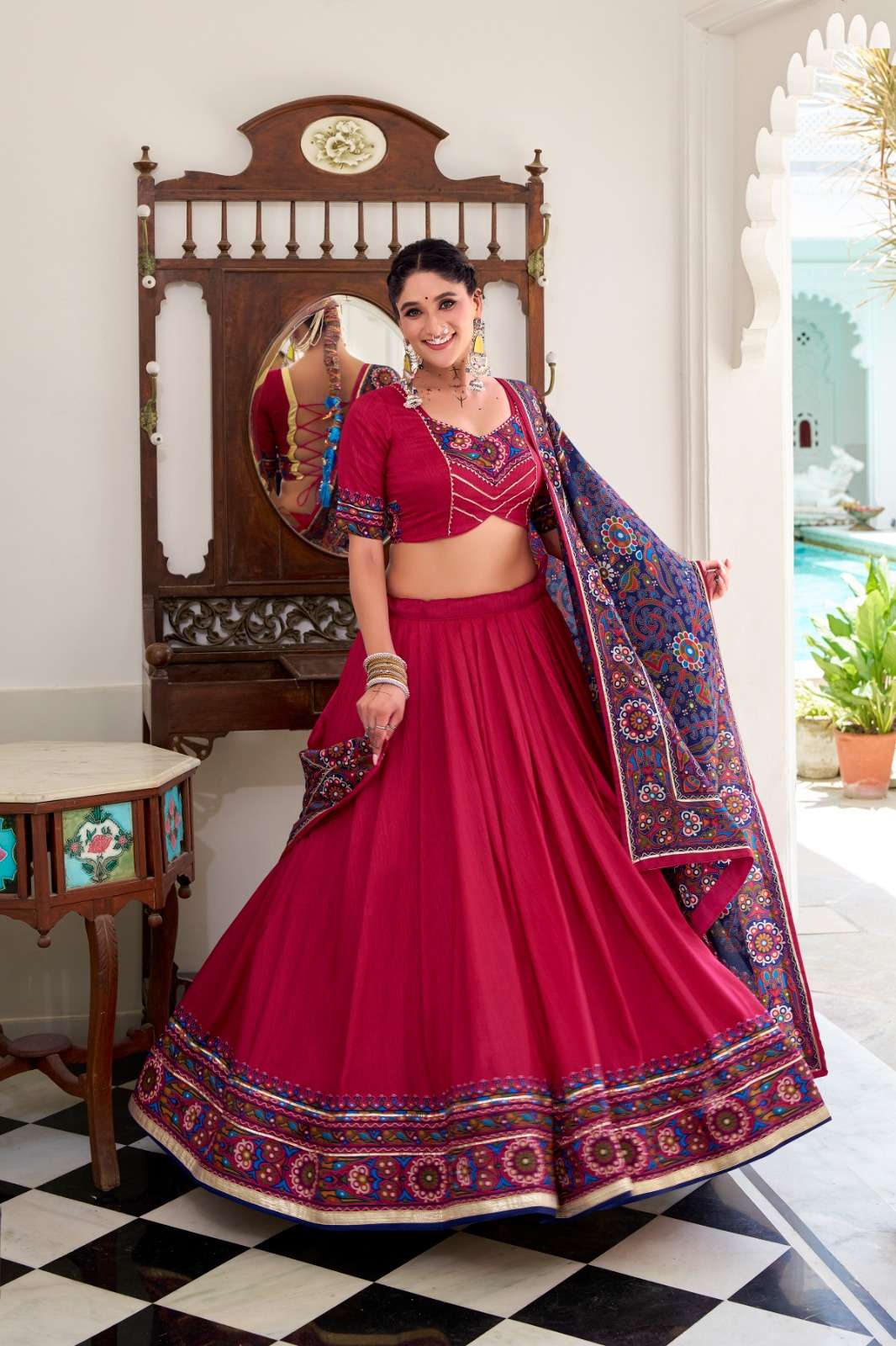 DESIGNER NAVRATRI WEAR TASSAR SILK PINK LEHENGA CHOLI FOR NAVRATRI COLLECTION LNB 1243 D