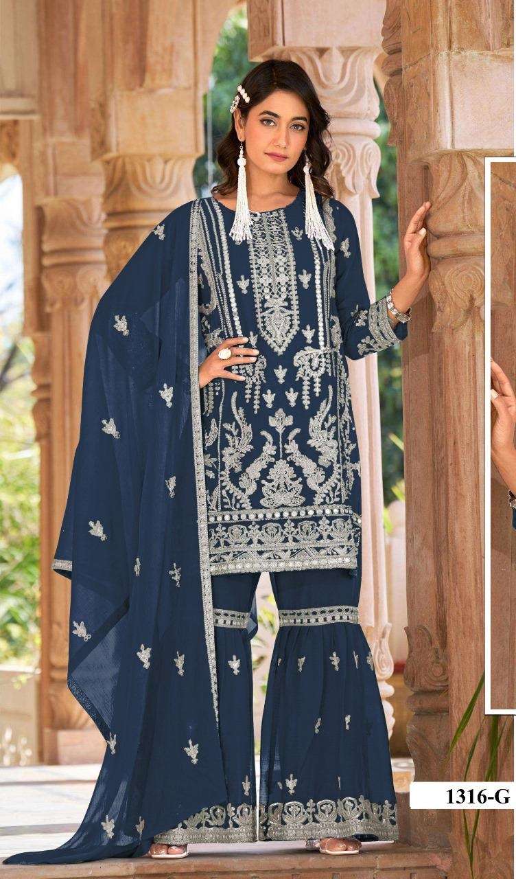 DESIGNER ORGANZA SILK BLUE PAKISTANI SALWAR SUIT COLLECTION HT 1316 G