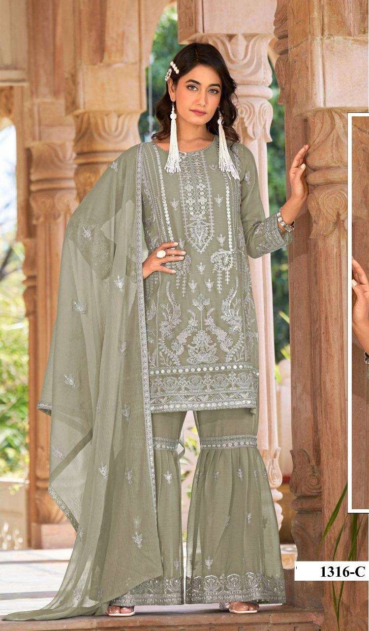 DESIGNER ORGANZA SILK GREEN PAKISTANI SALWAR SUIT COLLECTION HT 1316 C